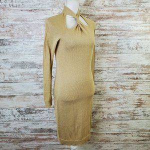 MICHAEL Michael Kors Khaki Shimmer Lurex Long Sleeve Twist Neck Dress Size XS